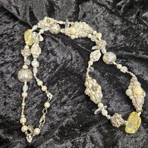 Signed Pam Hiran 14" White/Cream/Silver beaded necklace